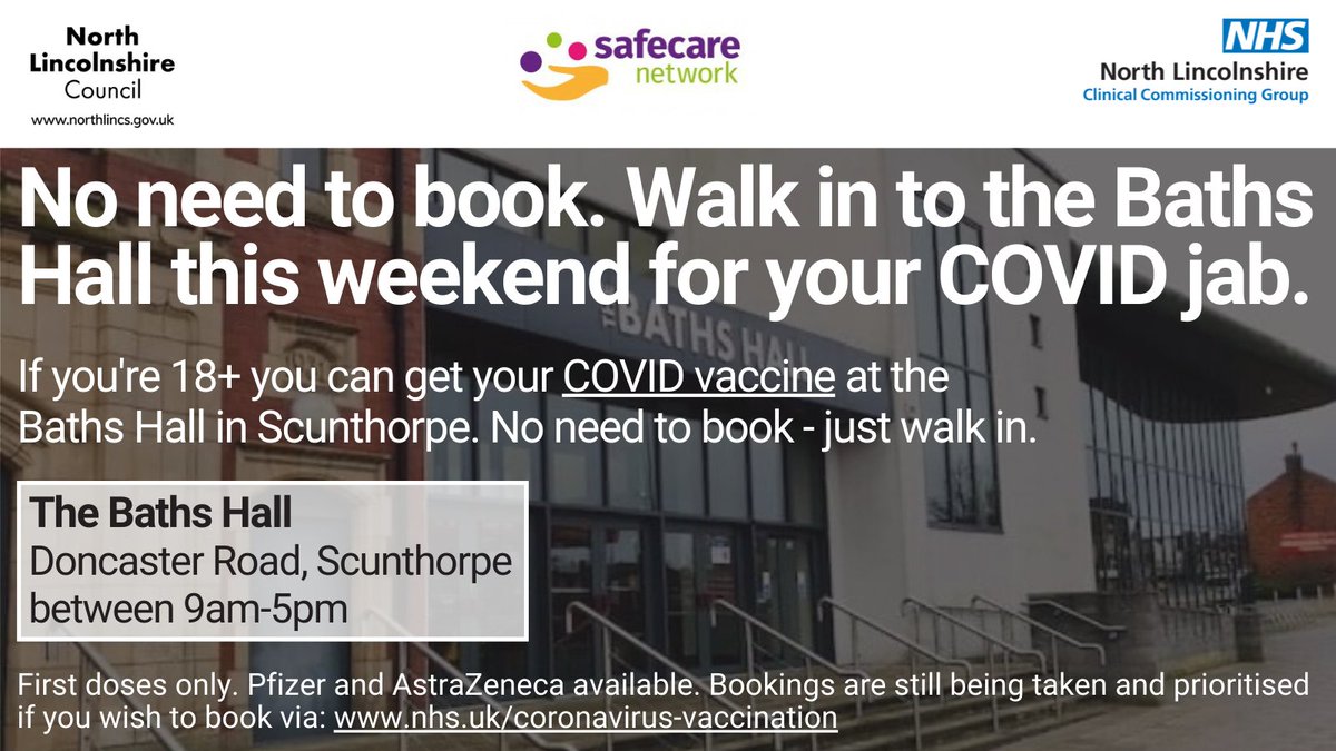 northlincshcp's tweet photo. It is easier than ever to get the #CovidVaccine. Anyone over the age of 18 can get the jab at the Baths Hall – no appointment needed, you can just drop in between 9am and 5pm.

Bookings are still being taken and prioritised if you would prefer to book: https://t.co/vsClV4IB9d https://t.co/7aEKAmqGcV