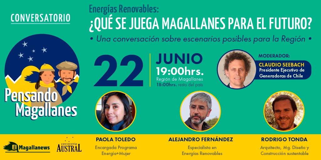 #PensandoMagallanes: 📢¡Tendremos nuevo conversatorio! Te esperamos el martes 22, a las 19 horas, para hablar sobre Energías Renovables, con la moderación del Presidente Ejecutivo de Generadoras de Chile <a href="/cseebach/">Claudio Seebach 🇺🇦</a>. Inscríbete gratis aquí 👉  bit.ly/3xKfv3B