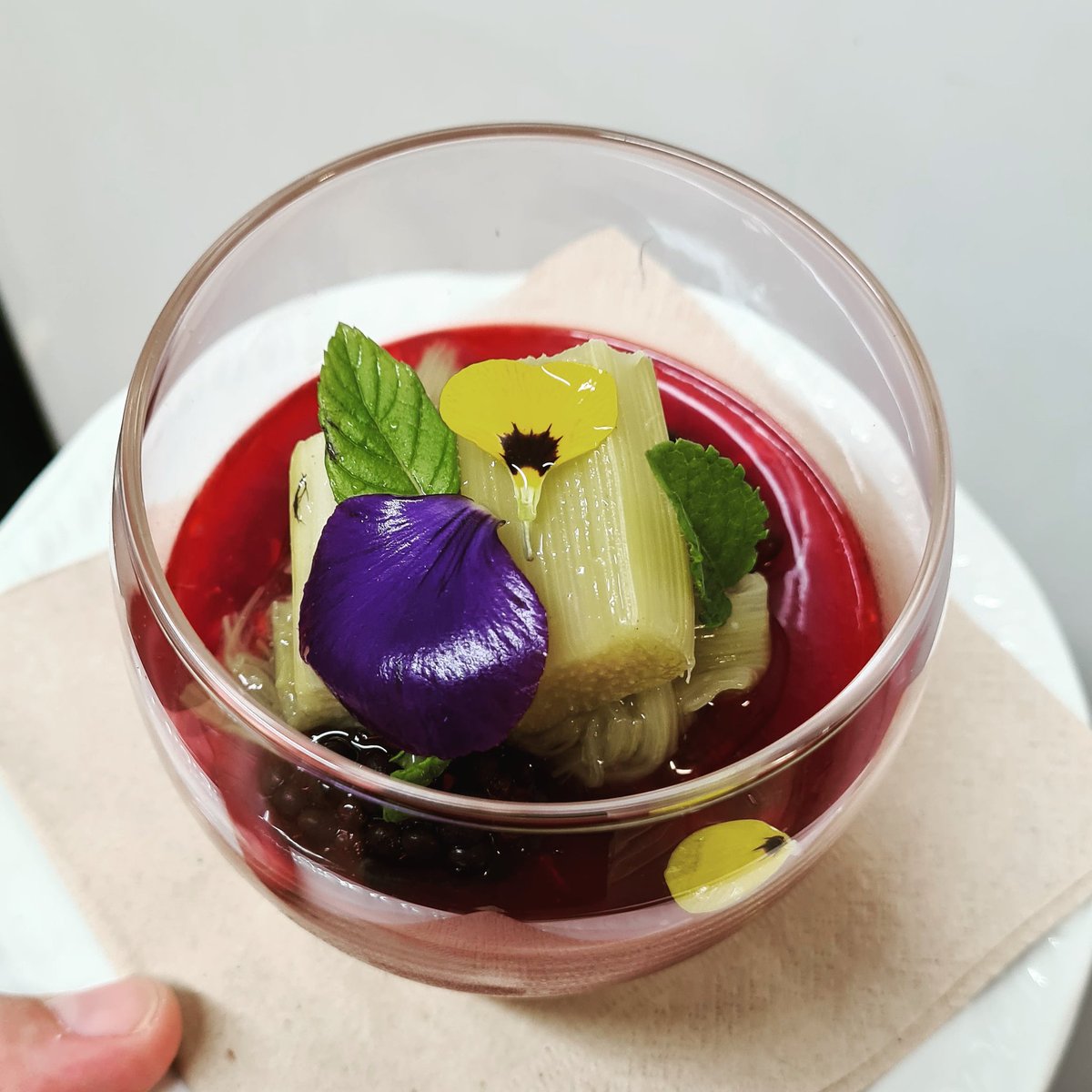 Set vanilla cream, topped with Orchard Berry and lime jelly, Finished with Poached Rhubard 

#hatchbeauchamp #farthingshotel #taunton #someset #resturant #foodie #dessert #edibleflowers #rhubard #setvanillacream #jelly