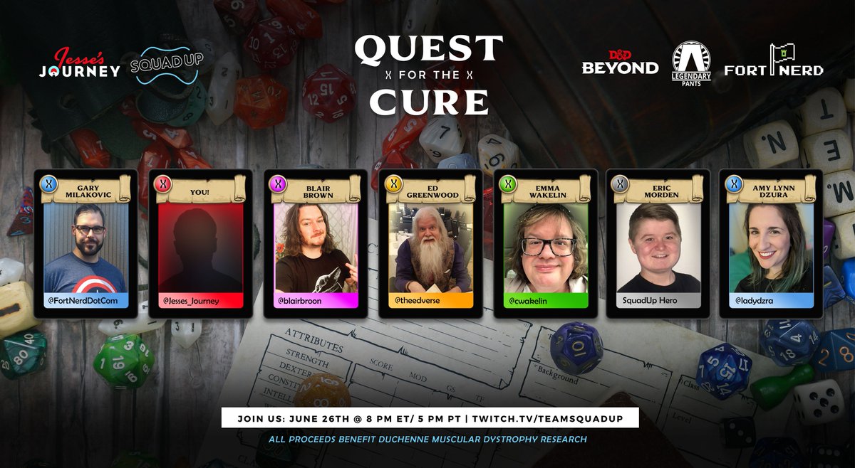 FortNerdDotCom's tweet photo. 1/2 NEXT SATURDAY, #QuestfortheCure continues w/ the amazing @TheEdVerse @BlairBroon @theemmawakelin @ericdmd246 @ladydzra!

Join us June 26th at 8 ET/5 PT (pm) on https://t.co/OPVWnGgC4x as we continue our quest to #DefeatDuchenne!

AND YOU CAN PLAY TOO...maybe. @Jesses_Journey https://t.co/Q3oxmF4mCa