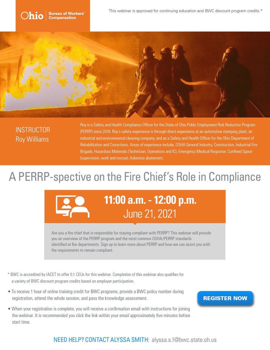OhioFire's tweet photo. 🚨  TRAINING OPPORTUNITY  🚨

Later this month, @OhioBWC is hosting a webinar for fire chiefs to discuss the state’s Public Employment Risk Reduction Program and common OSHA PERRP standards for FDs.

Register here: https://t.co/477LBOSkzm https://t.co/XCsOKg5CIE