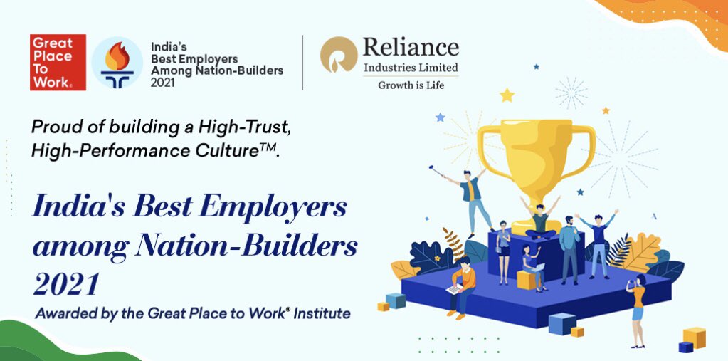 RIL_Updates's tweet photo. RIL recognized in ‘India’s Best Employers Among Nation Builders – 2021’ by the Great Place to Work®️ Institute
 
This reinforces trust our people place in the management, pride we experience in being part of the #Reliance family, &amp; great camaraderie we share as colleagues 

1/ https://t.co/z6zutpEQkp