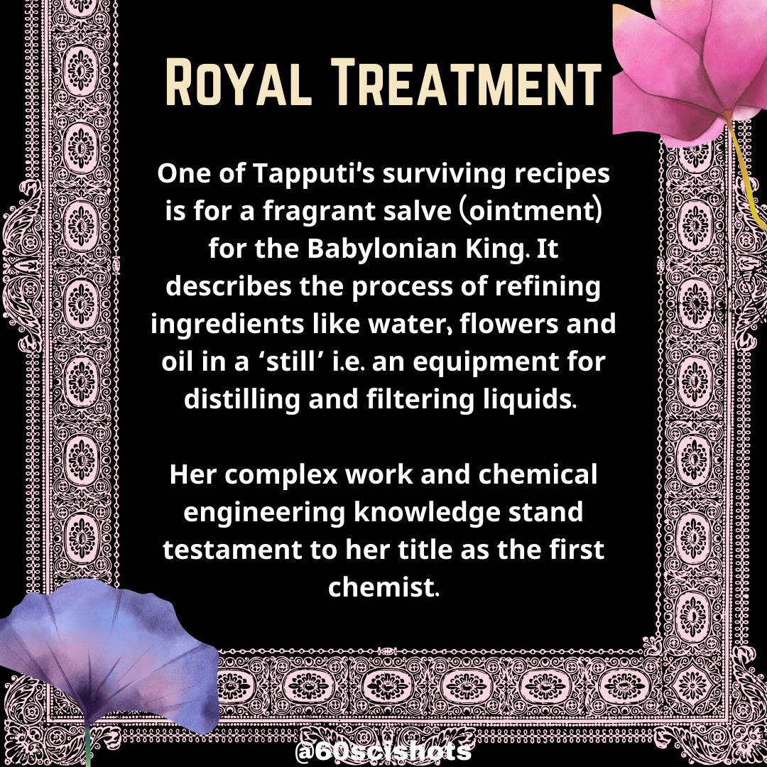 60SciShots's tweet photo. Our #femalefriday post for today is on Tapputi-Belatekallim, the first chemist in recorded history! Belatekallim is head of a household, but for Tapputi-Belatekallim it stood for her role as a royal perfumer back in 1200 BCE!
#scicomm #WomenInSTEM #Chemistry #DidYouKnow https://t.co/cGlzHpwes7