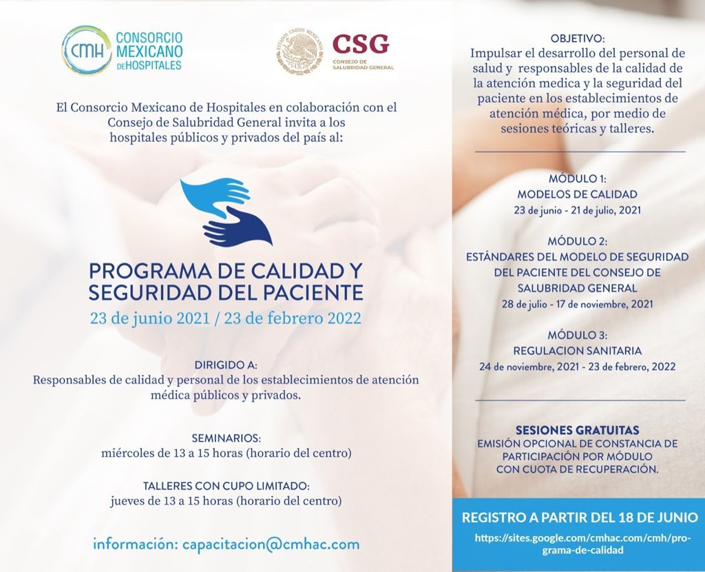 DeSalubridad's tweet photo. Capacítate gratuitamente en Calidad en la Atención Médica y en Seguridad del Paciente. El Consejo de Salubridad General y el Consorcio Mexicano de Hospitales te invitan. https://t.co/HCQKQ94r4I