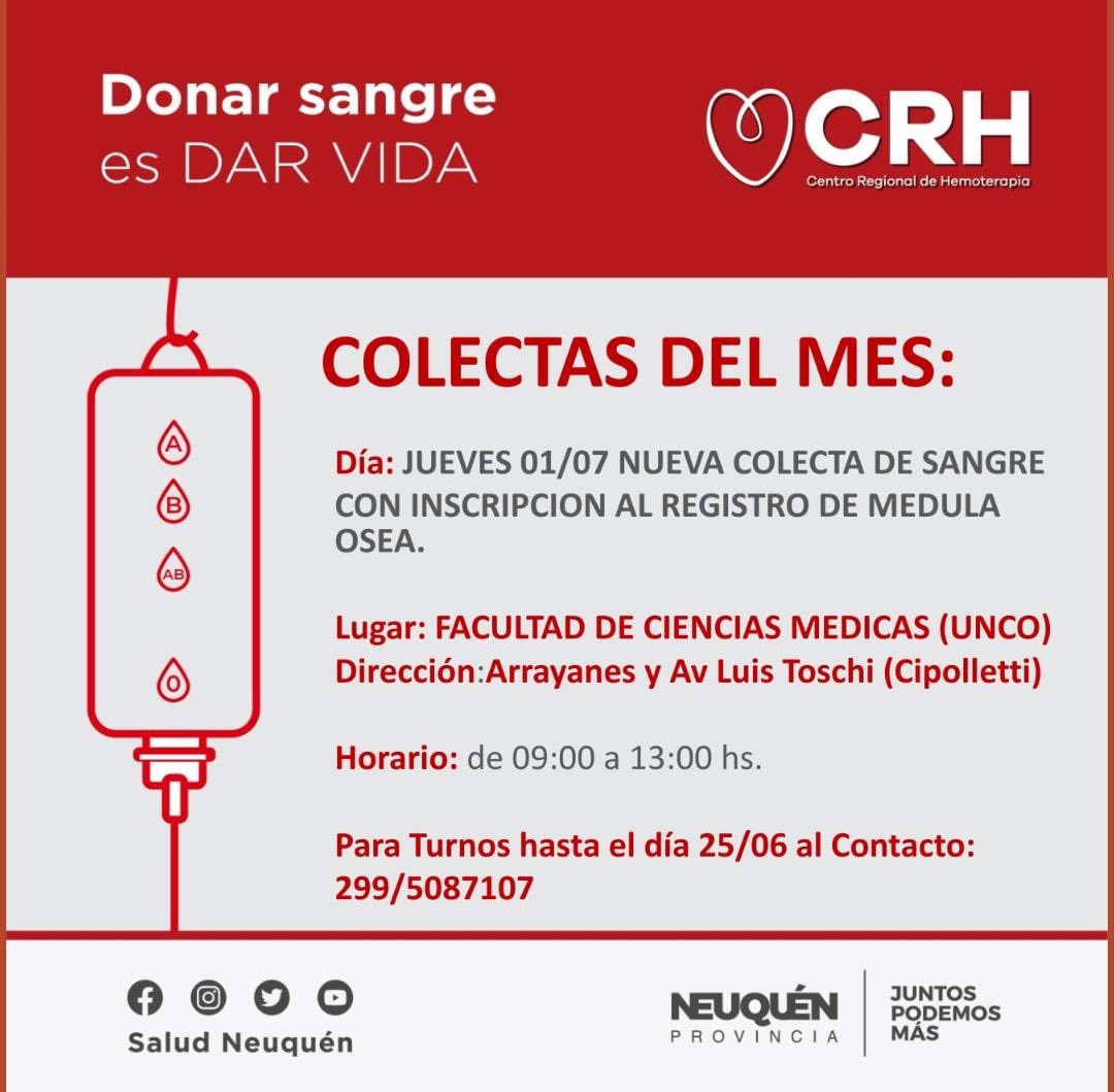 Súmate salva vidas !!! Nueva colecta de Centro Regional de Hemoterapia 

#neuquen 
#RioNegro 
#voluntarios