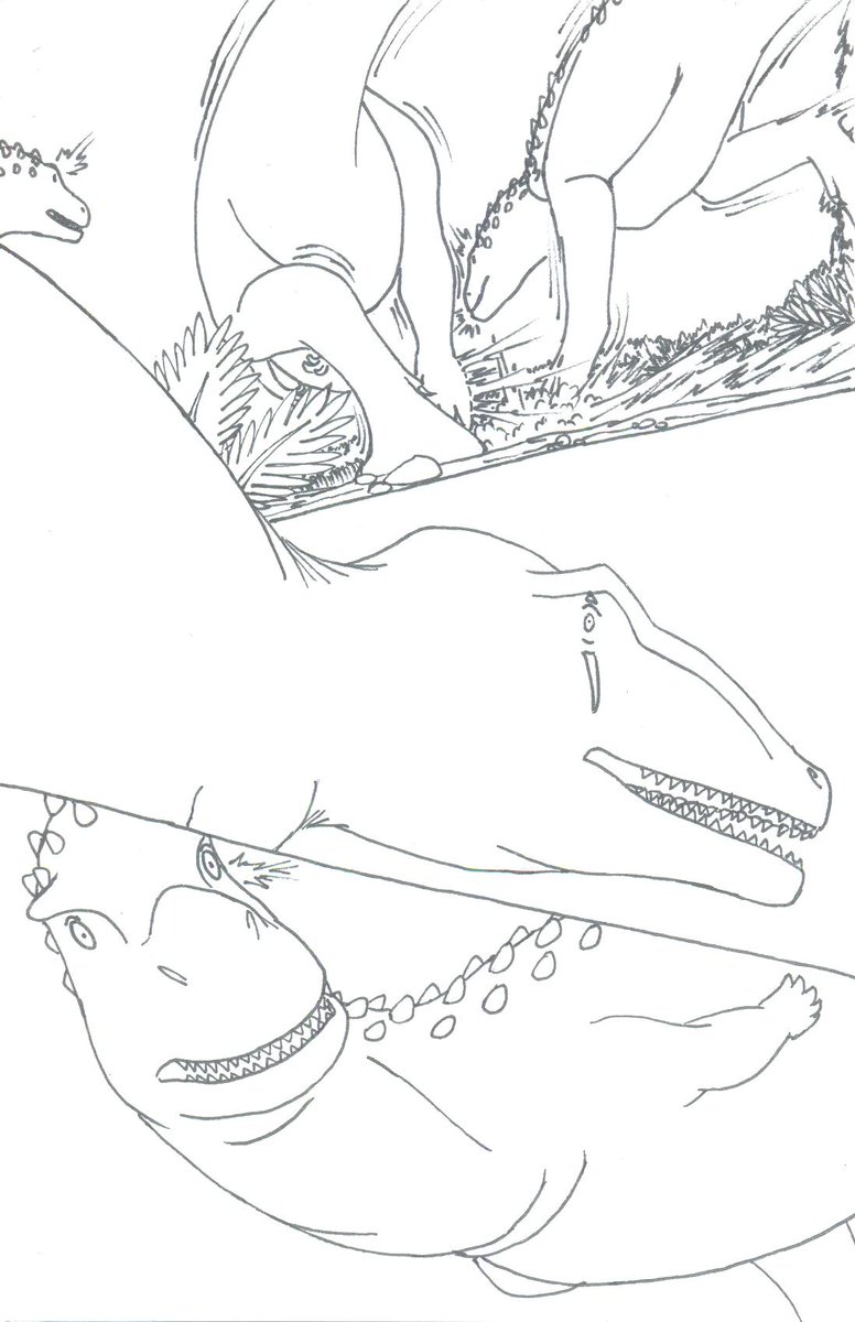 roukaryu's tweet photo. Speculative #Mapusaurus behavior inspired by an artwork by @opaleoartista, depicting the dinosaur feigning injury to lure smaller, unsuspecting predators like #Skorpiovenator. Only for the hunter to become the hunted, thus keeping other predators in check.
https://t.co/xz49zIs7v4 https://t.co/ue8bH6ECNC