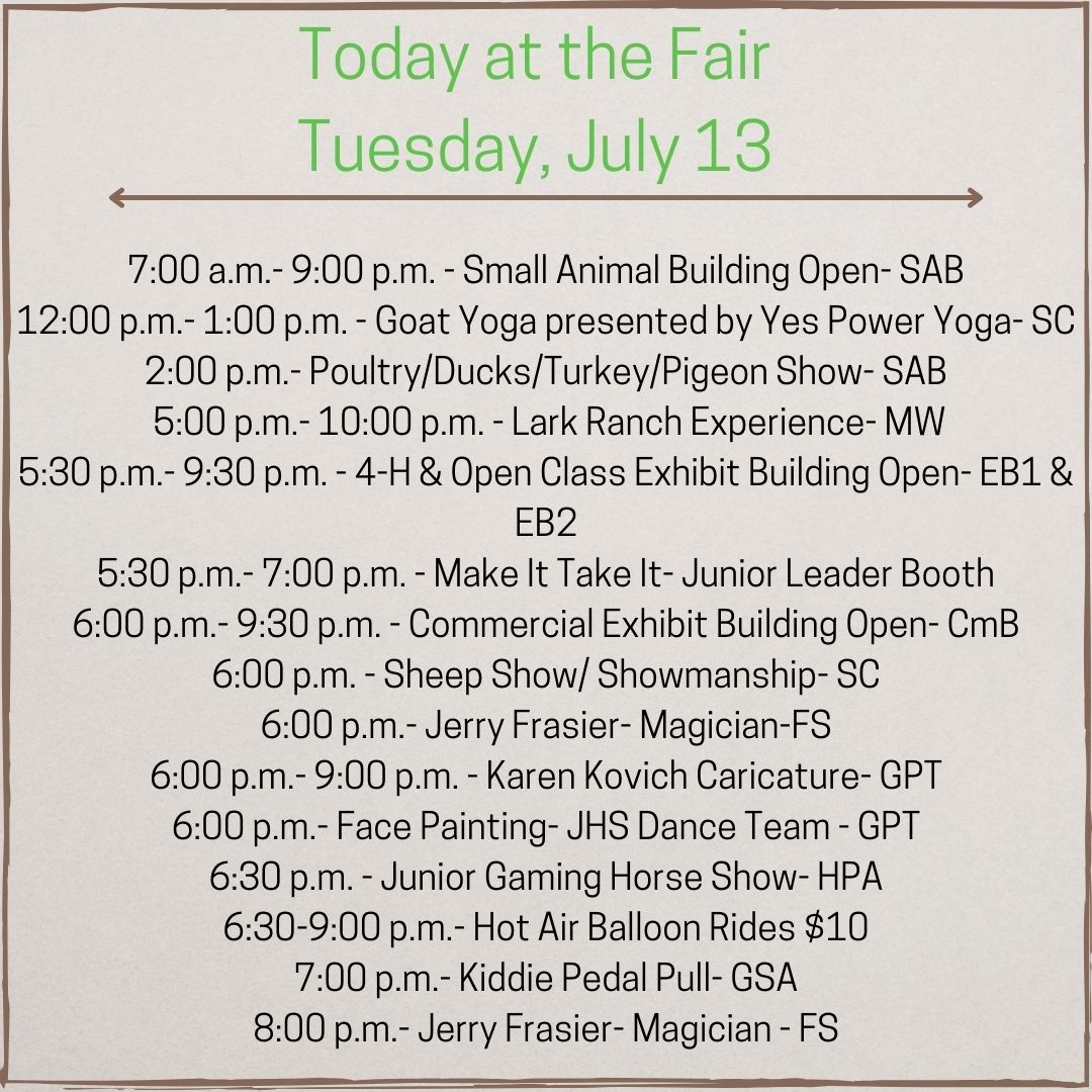 Today at the Fair! There is lots of fun and exciting stuff going on today that you do not want to miss!