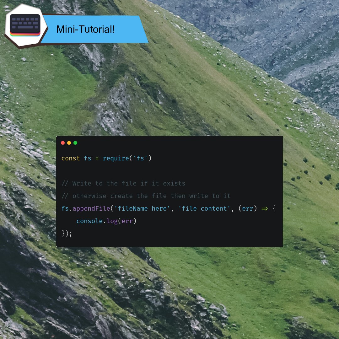WornOffKeys's tweet image. How to write to a file using #nodejs
#javascript #100daysofcode #codenewbie #programming #developer #coding #wornoffkeys