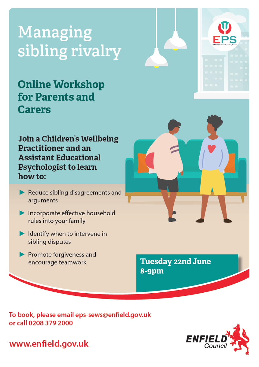 enfieldlibrary's tweet photo. The @EnfieldEPS team are running a series of super-informative #MentalHealth and wellbeing workshops for parents, carers and young people this summer, including 'Reducing Sibling Rivalry' on Tuesday 22nd June. To book, email eps-sews@enfield.gov.uk or call on 0208 379 2000 https://t.co/osuOaxnqHf