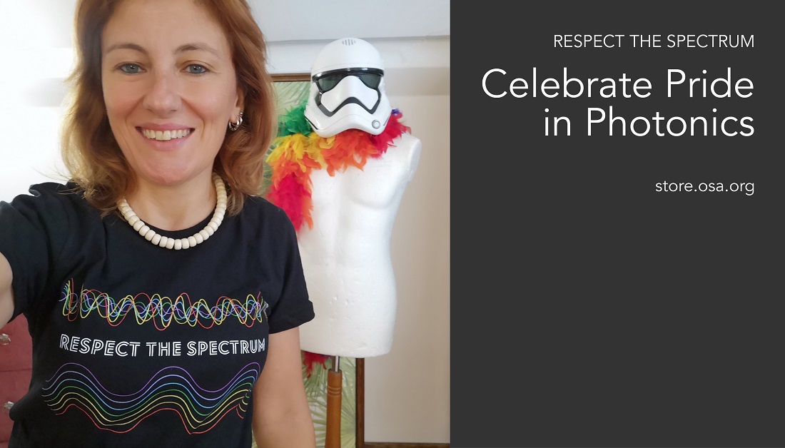 OpticaWorldwide's tweet photo. By purchasing a #RespectTheSpectrum tee, you can join #OSASeniorMember Antigone Marino (@AntigoneMarino) in showing your support of the #LGBTQ+ community in #STEM. Visit https://t.co/3juc6iyrcx &amp; wear your pride like #OSAAmbassador  #diversity #inclusion https://t.co/FiKusYOx58