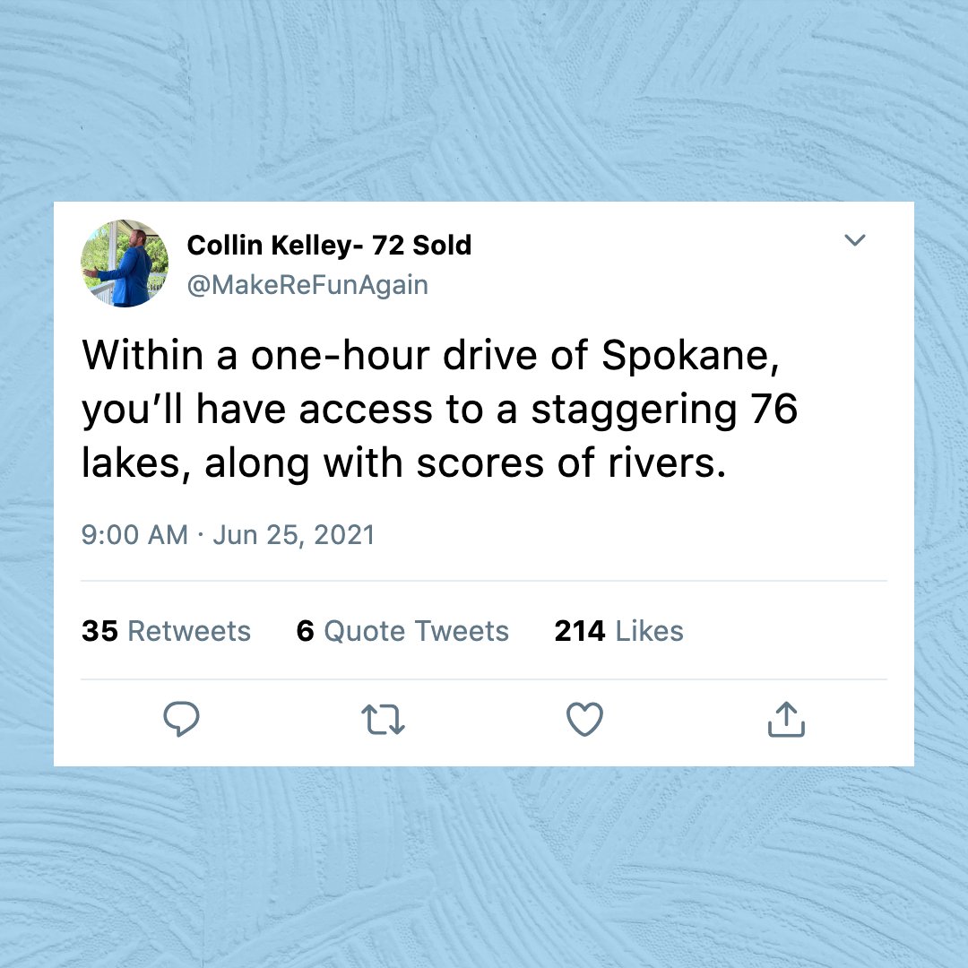 makerefunagain's tweet image. FAST FACT FRIDAY: Interested in moving to #SpokaneWashington? Within a one-hour drive of Spokane, you’ll have access to a staggering 76 lakes, along with scores of rivers, perfect for the weekend adventurer!

#MakeReFunAgain
