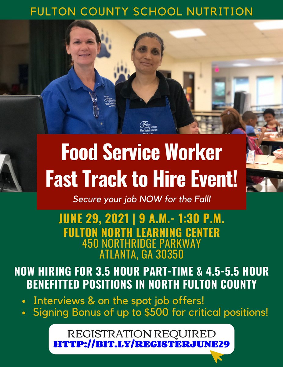 🚨 JOIN OUR TEAM 🚨We are hiring 3.5 hr part-time &amp; 4.5-5.5 hr benefitted positions in North Fulton County. Join us at our Fast Track to Hire Event where candidates interview, complete pre-employment forms, &amp; onboard in one day‼️ Registration required at bit.ly/RegisterJune29