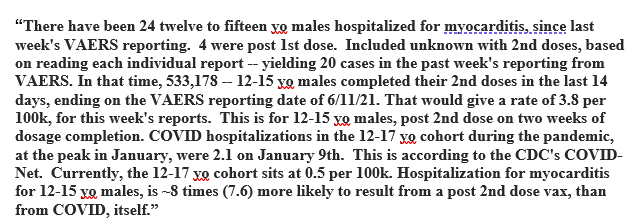 1/ Per VAERS update today, & CDC’s Covid Net via data analyst @JeanRees10: At PRESENT, “Hospitalization for myocarditis in 12-15 yo males, is ~8 times (7.6) more likely to result from a post 2nd dose C19 vax, than from C19 itself'