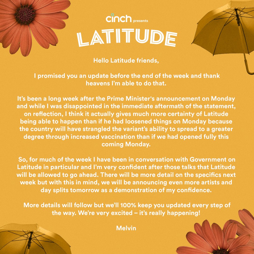 Good news! Please read below for an update from Melvin... ☀️

#Latitude2021