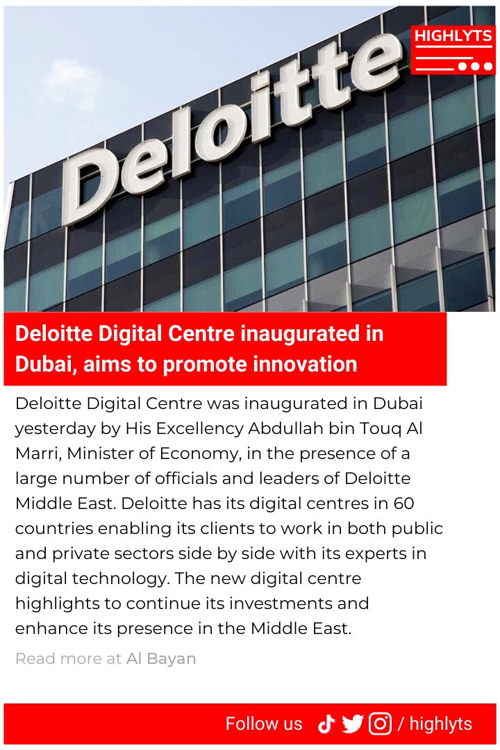 Highlyts1's tweet photo. Deloitte Digital Centre inaugurated in Dubai, aims to promote innovation. Read more..

#delloitte #Dubai #uaenews https://t.co/CwgcOC94In