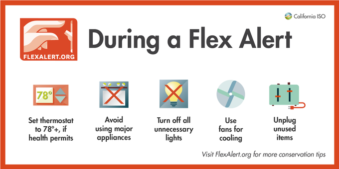 CaliforniaDDS's tweet photo. A #FlexAlert is in effect from 6 p.m. to 9 p.m. today. #KeepConserving #California https://t.co/t56Cwh9EZ0