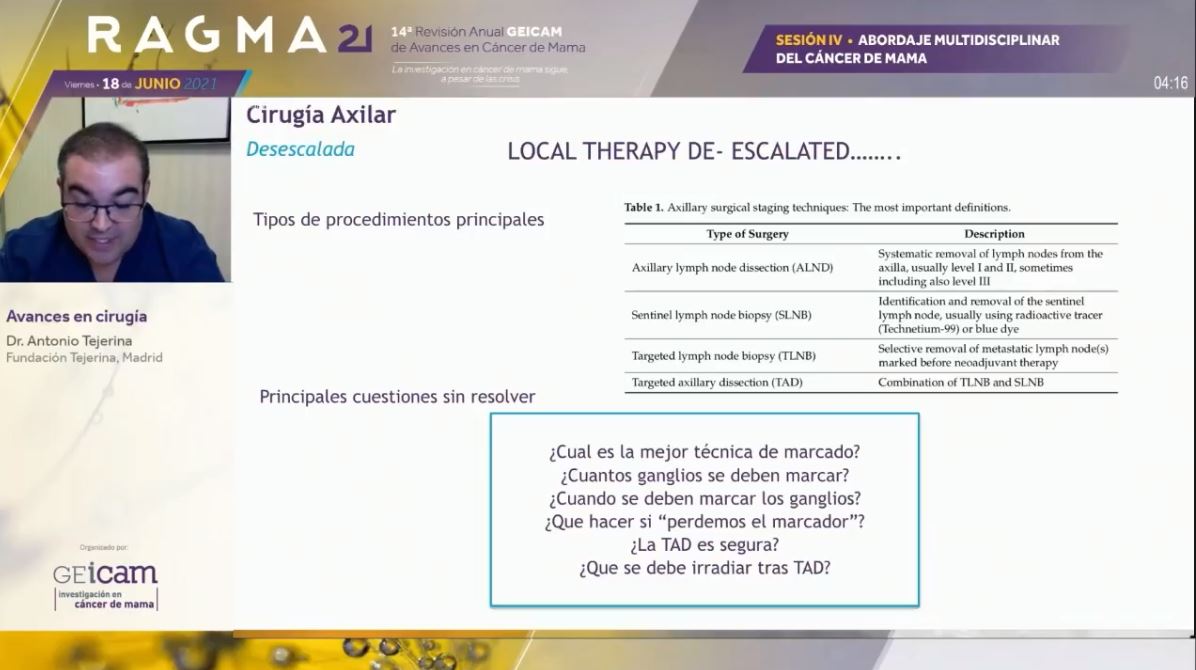 GEICAM's tweet photo. La última sesión de #RAGMA21 está dedicada al abordaje multidisciplinar del #cáncerdemama. 
El Dr. Antonio Tejerina repasa los avances en abordaje quirúrgico de la enfermedad 👇 https://t.co/KGtcUa8BTl