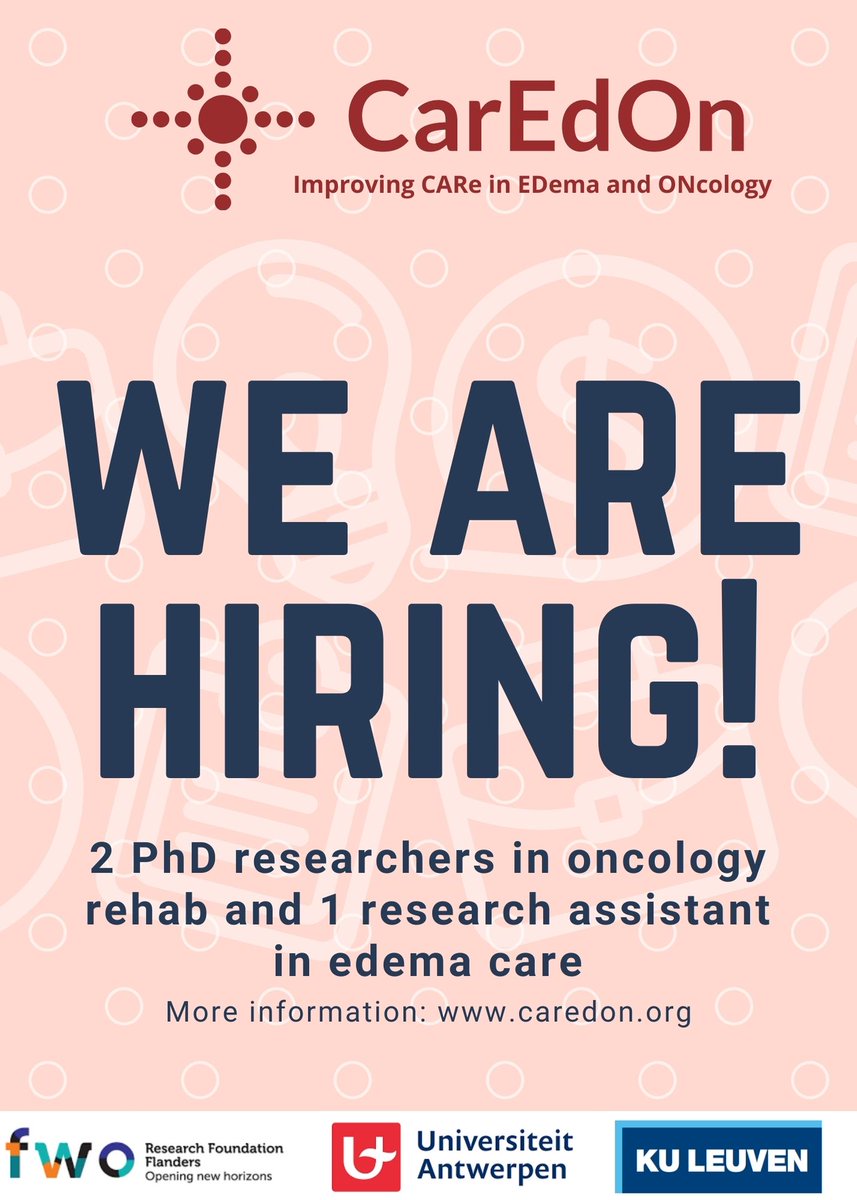 📢📢WE WANT YOU! 2 PhD researchers and 1 research assistant for projects related to oncology and edema care!! <a href="/DevoogdtNele/">Nele Devoogdt</a> @TessaVrieze <a href="/MiraMeeus/">Mira Meeus</a> <a href="/AnDeGroef/">An De Groef</a>
More info on caredon.org