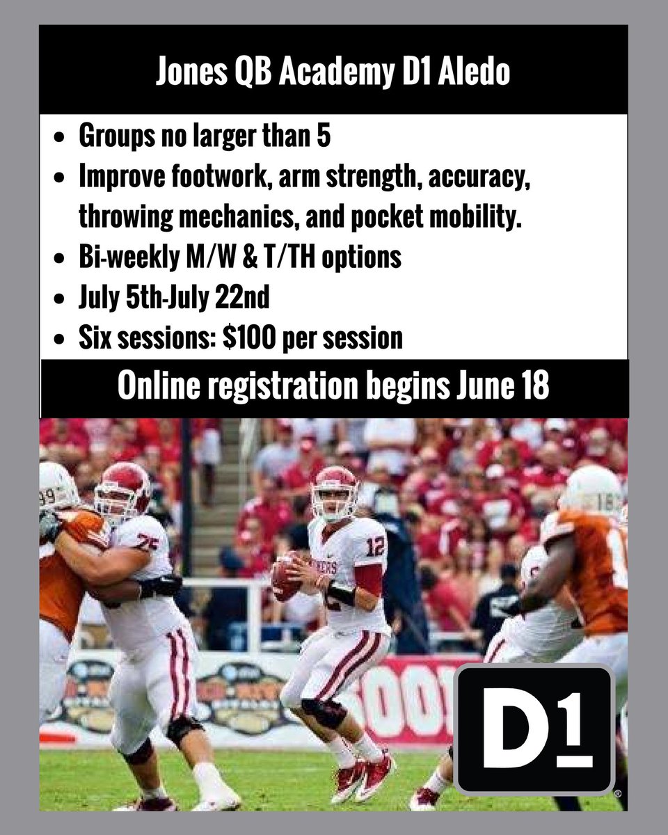 Landry Jones (@landryjones12) on Twitter photo clients.mindbodyonline.com/classic/ws?stu…. The link above will take you to registration for the academy. It will start July 5th-July 22nd and will be held at D1 Aledo 250 Bailey Ranch Road Aledo TX 76008. Any questions email landry.jones@d1training.com. <a href="/OU_Football/">Oklahoma Football</a> clients.mindbodyonline.com/classic/ws?stu…. The link above will take you to registration for the academy. It will start July 5th-July 22nd and will be held at D1 Aledo 250 Bailey Ranch Road Aledo TX 76008. Any questions email landry.jones@d1training.com. <a href="/OU_Football/">Oklahoma Football</a>