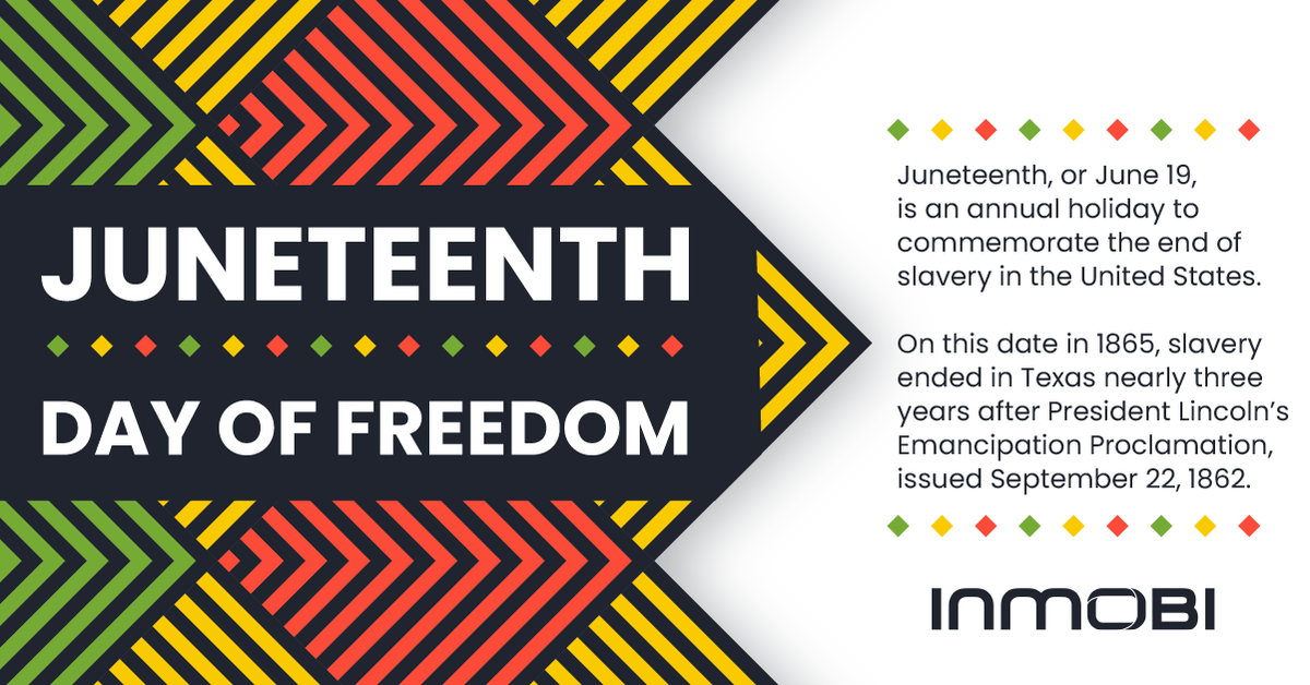 InMobi's tweet photo. Tomorrow is #Juneteenth, a day when many in the U.S. commemorate the end of slavery. We can all use Juneteenth as a day to celebrate, reflect and learn.
In honor of this important holiday, InMobi has donated $5,000 to @BlackGirlsCode https://t.co/nf00e24UtA