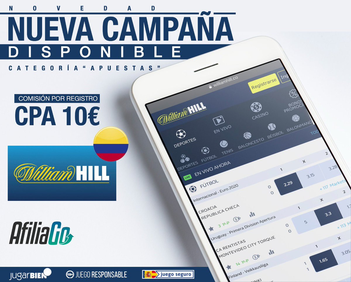 AfiliaGo's tweet photo. 💥Nueva campaña disponible💥 🤑 

Llega la nueva campaña #WilliamHill Colombia 

➡️ 10€ por registro en Colombia 🇨🇴

Disponible en https://t.co/7g6gnpCO6a https://t.co/MBy4t3mAJg