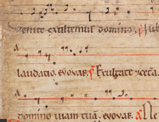 DactF's tweet photo. why use an f-clef or a c-clef (or a g-clef) when you could use an a-clef? (from a Cistercian antiphoner used as a flyleaf, https://t.co/ysu2FiETFl ) #FragmentFriday #chant #exultate #etcetera https://t.co/4yFRmUZfcZ