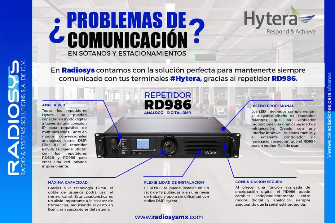 Radiosysmx's tweet photo. Los problemas de comunicación entre radios en sótanos y estacionamientos es muy frecuente y molesto. 

En #Radiosys te damos la solución a esos problemas con el repetidor #RD986 de #Hytera, un repetidor profesional, e inteligente análogo - digital. https://t.co/8Wvd7kWyxJ