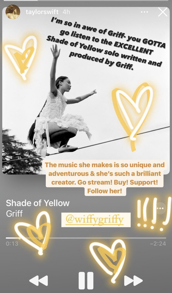 📲 Taylor posted about @wiffygriffy’s mixtape which just dropped on all streaming platforms TODAY! #OneFootInFrontOfTheOther 

“The music she makes is so unique and adventurous & she’s such a brilliant creator. Go stream! Buy! Support! Follow her!” - Taylor Swift