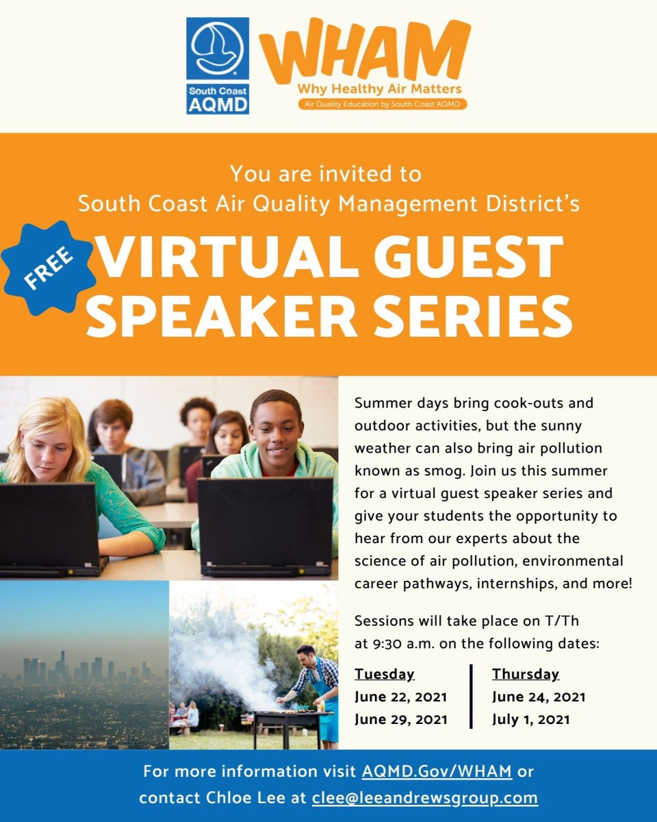 Our Virtual Guest Speaker Series from our WHAM High School Education Program starts next week! This summer, give your students the opportunity to hear from Air Quality Experts about the science of air pollution, environmental career pathways, and more: bit.ly/whamwebinar21