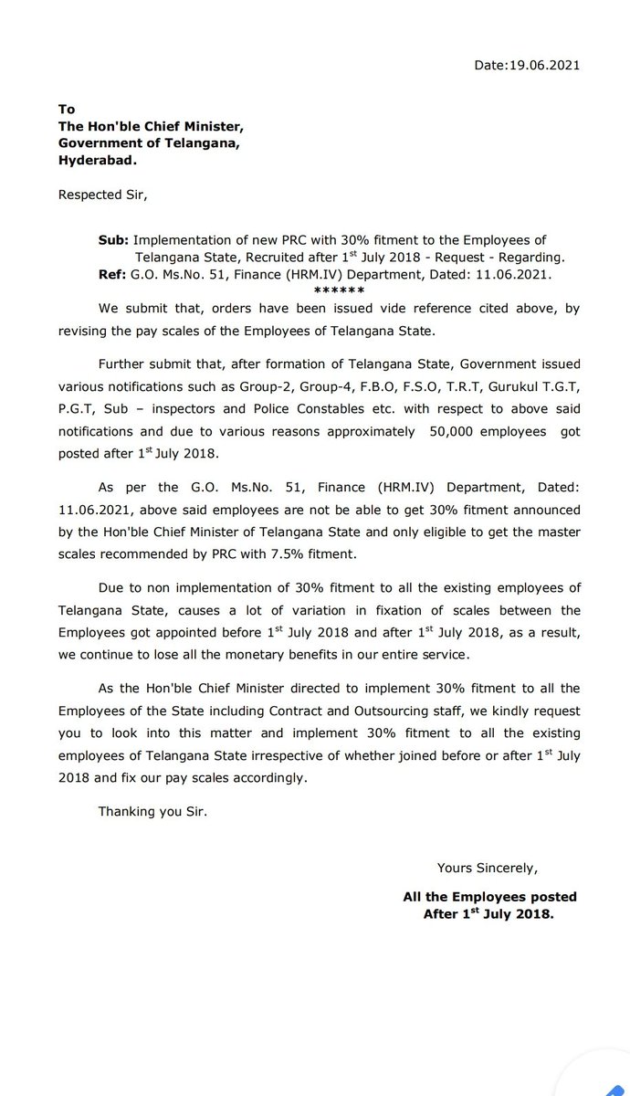 DasarlaVinay's tweet photo. @KTRTRS @TelanganaCMO @trsharish  Sir, plz kindly revise 30%(7.5% given) fitment in PRC to the employees recruited after 1st July, 2018. If the master scale prepared with 7.5% fitment by 1st PRC is implemented, we continue to loose all the monetary benefits in entire service. https://t.co/WIUEFgNsn5