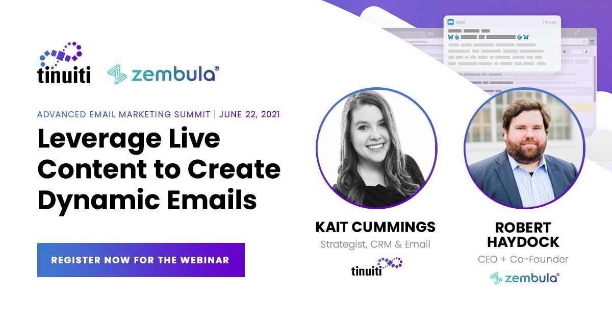 We can't wait to be a part of The Advanced Email Marketing Summit with <a href="/Tinuiti/">Tinuiti</a> on June 22nd! Our CEO, <a href="/RobertHaydock/">Robert Haydock</a> will be sharing the virtual stage with Kait Cummings chatting about using live content to create dynamic emails.

Sign up: buff.ly/3vSvHPo