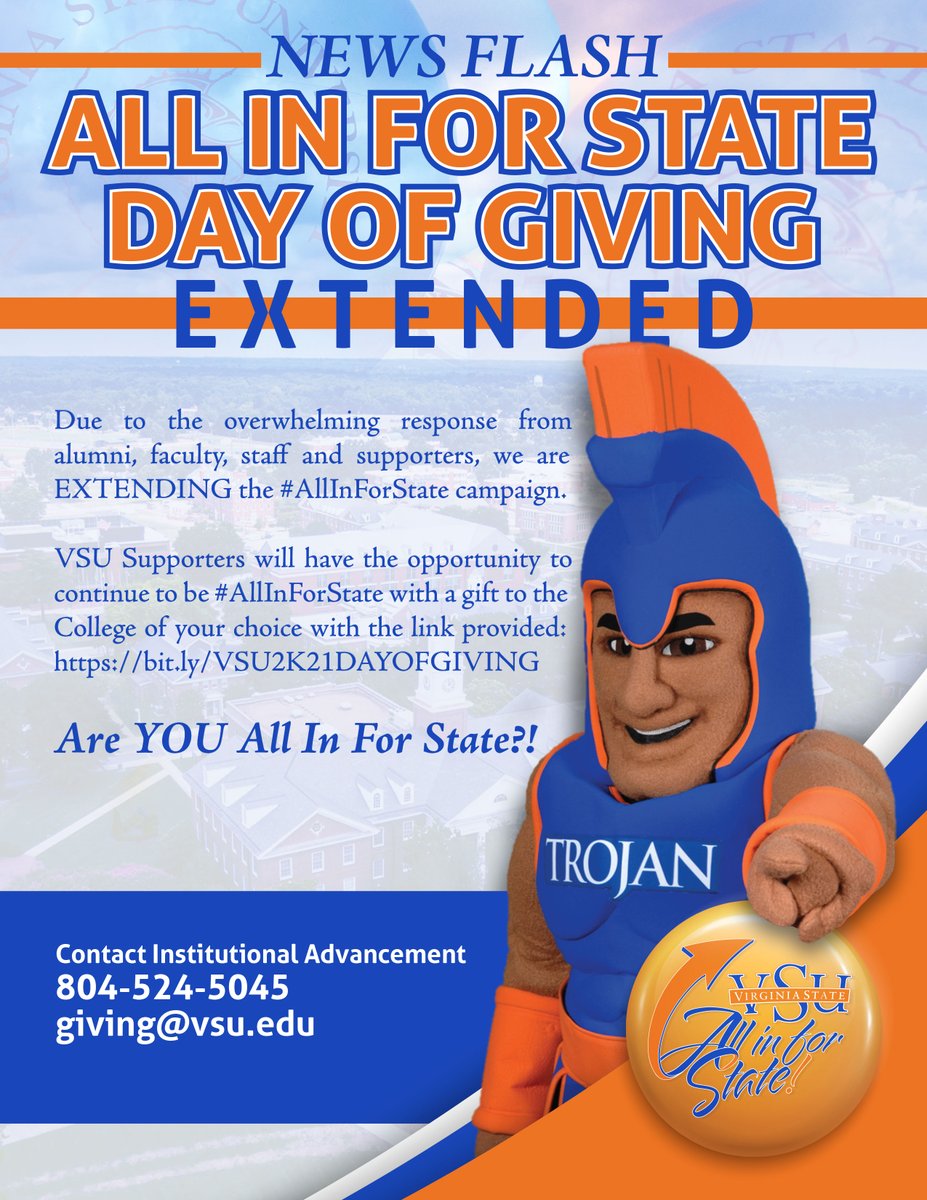 VSU_1882's tweet photo. Due to the overwhelming response from alumni, faculty, staff and supporters, we are EXTENDING the #AllInForState campaign.

VSU Supporters will have the opportunity to continue to be #AllInForState with a gift to the College of your choice: https://t.co/vL3P6YBowc https://t.co/dKswOqwBek