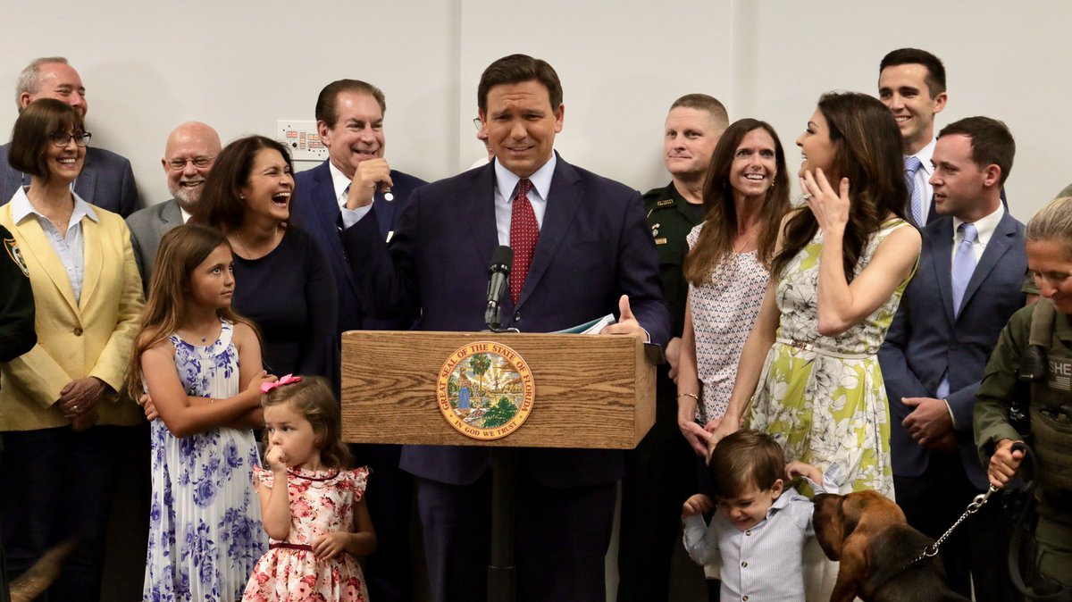 GovRonDeSantis's tweet photo. We all have a soft spot for our four-legged companions, especially the ones that keep our families and our law enforcement safe. @FLCaseyDeSantis and I were proud to sign a bill that will guarantee care for K9s wounded on the job. 
https://t.co/1LIM69PpHY https://t.co/fjaEs8vurE