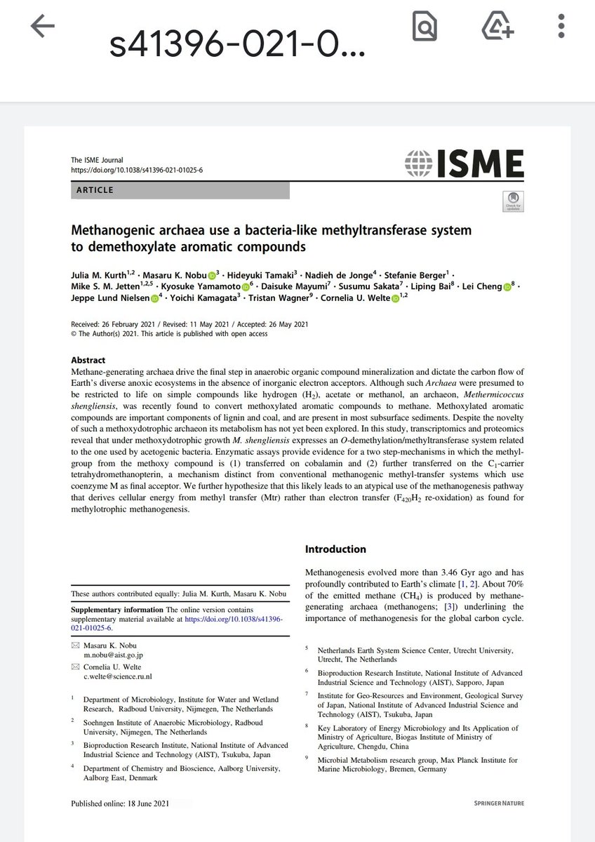 Mike Jetten🟥 (@msmjetten) on Twitter photo Very happy to see the fruits of our international collaboration published in <a href="/ISMEJournal/">The ISME Journal</a>
Congratulations to <a href="/KurthJu1/">Julia Kurth</a> <a href="/CUWelte/">Cornelia Welte</a> et al
#Methanogenic archaea use a bacteria-like #methyltransferase system to #demethoxylate aromatic compounds nature.com/articles/s4139… Very happy to see the fruits of our international collaboration published in <a href="/ISMEJournal/">The ISME Journal</a>
Congratulations to <a href="/KurthJu1/">Julia Kurth</a> <a href="/CUWelte/">Cornelia Welte</a> et al
#Methanogenic archaea use a bacteria-like #methyltransferase system to #demethoxylate aromatic compounds nature.com/articles/s4139…