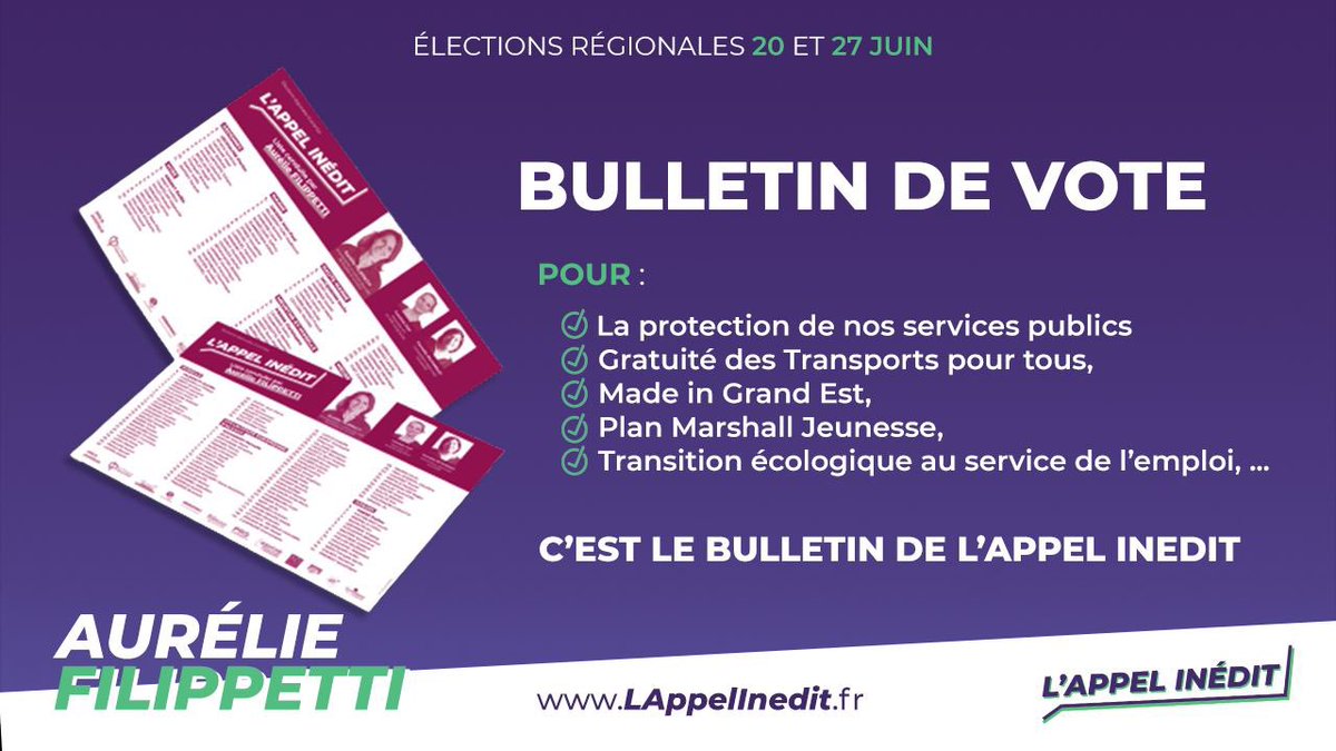 Je suis #socialiste. Dimanche, je vote pour le seul rassemblement de la gauche dans le #GrandEst : de <a href="/FranceInsoumise/">La France insoumise</a> aux <a href="/NDemocrates_/">Les Nouveaux Démocrates</a> avec #prg , les <a href="/Radicaux2Gauche/">Les Radicaux de Gauche - LRDG</a>, <a href="/GenerationsMvt/">Génération·s</a>, <a href="/placepublique_/">Place publique 🟡</a> <a href="/allonsenfants_/">Allons Enfants</a> …et des socialistes et communistes. Je vote <a href="/appel_inedit/">L'Appel inédit</a> !