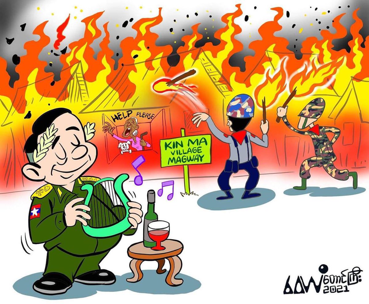 Murderer-in-Chief Min Aung Hlaing who sent his minions to set the entire Kinma village on fire, must be held accountable. After doing such horrible act, SAC framed civilians and spread false propaganda as usual. #WhatsHappeningInMyanmar #June18Coup
