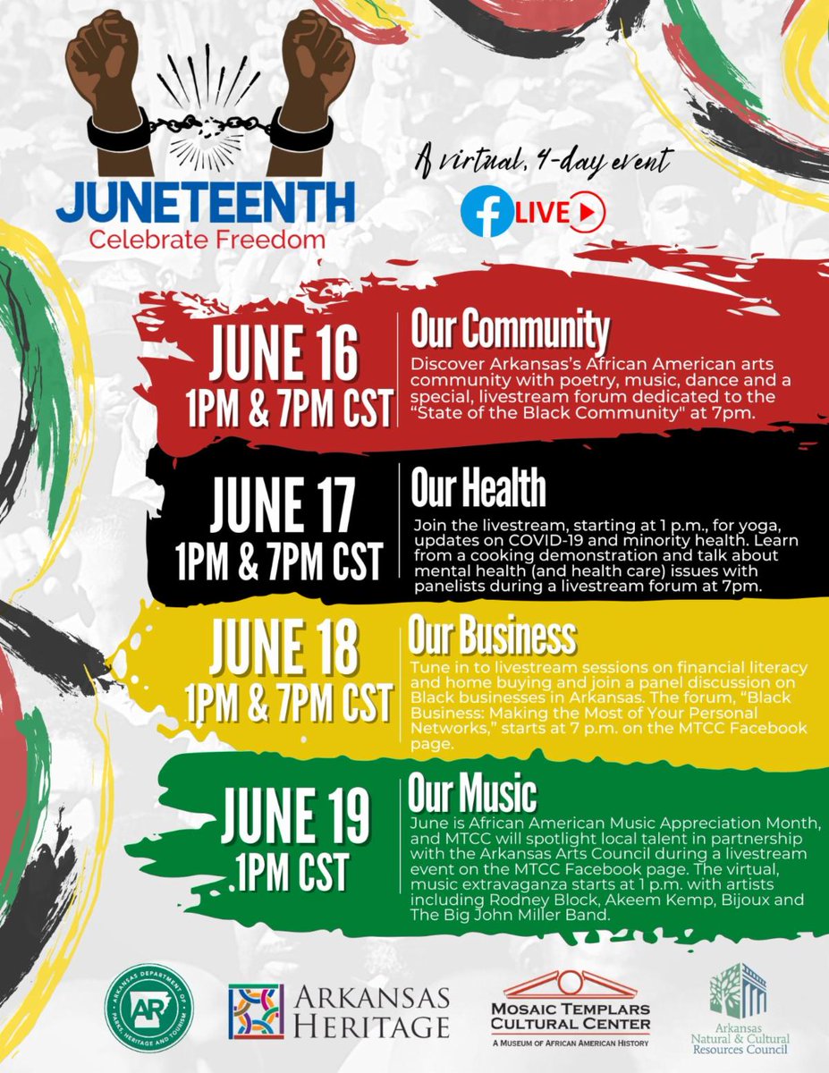 Check out the following Juneteenth celebrations happening this weekend! We've included virtual and in-person options. 
#ARKidsRead #WeReadTogether