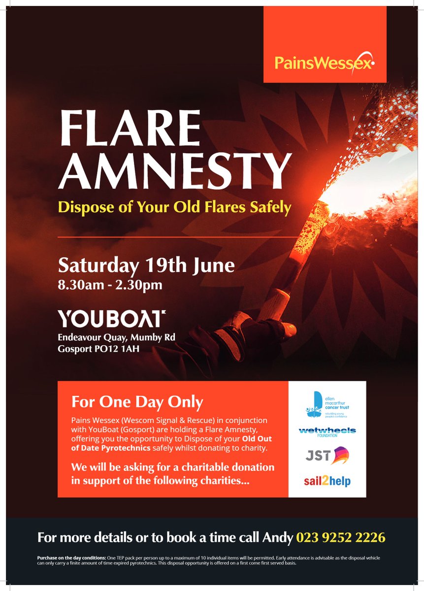 See you at the <a href="/Comet_WSAR/">Comet</a> &amp; <a href="/YouBoatMarine/">YouBoat</a> Flares Amnesty Day tomorrow (Sat 19 June) from 8.30am-2.30pm. Dispose of your old flares safely at Endeavour Quay, Mumby Road, Gosport. Donations pls to <a href="/JubileeSailing/">Jubilee Sailing Trust</a> <a href="/emctrust/">Ellen MacArthur Cancer Trust</a> <a href="/WetwheelsFdn/">Wetwheels Foundation</a> &amp; @Sail2Help at justgiving.com/team/wescom