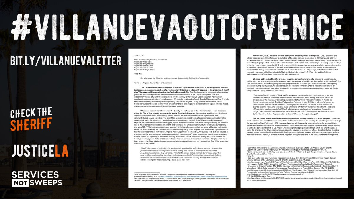 LACANetwork's tweet photo. More than 100 leaders in housing justice, criminal justice advocacy, decriminalization of poverty, and civil liberties are demanding that @LACoSheriff Villanueva get out of Venice, where he has been overstepping the County's jurisdiction and causing harm to houseless residents. https://t.co/8Tn0HMDjcj