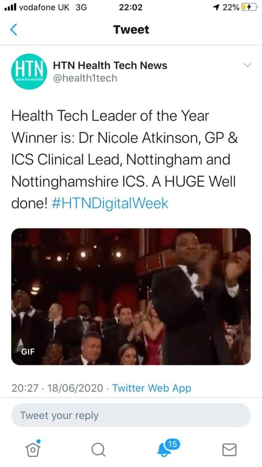 chitraacharya's tweet photo. A year ago today 😊
#HTNDigitalWeek
Health Tech Leader of the Year winner Dr @NicoleA59808566 👏🏾
@health1tech @Notts_ICS @NHSNottsCCG @SouthNottsICP @NottsLMC @enidatkinson18 @Connectnotts @NHSEngland @_HWNN
#NottsNHSAppClub #TogetherWeAreNotts
#GetNottsConnected https://t.co/oTsddHIxdG