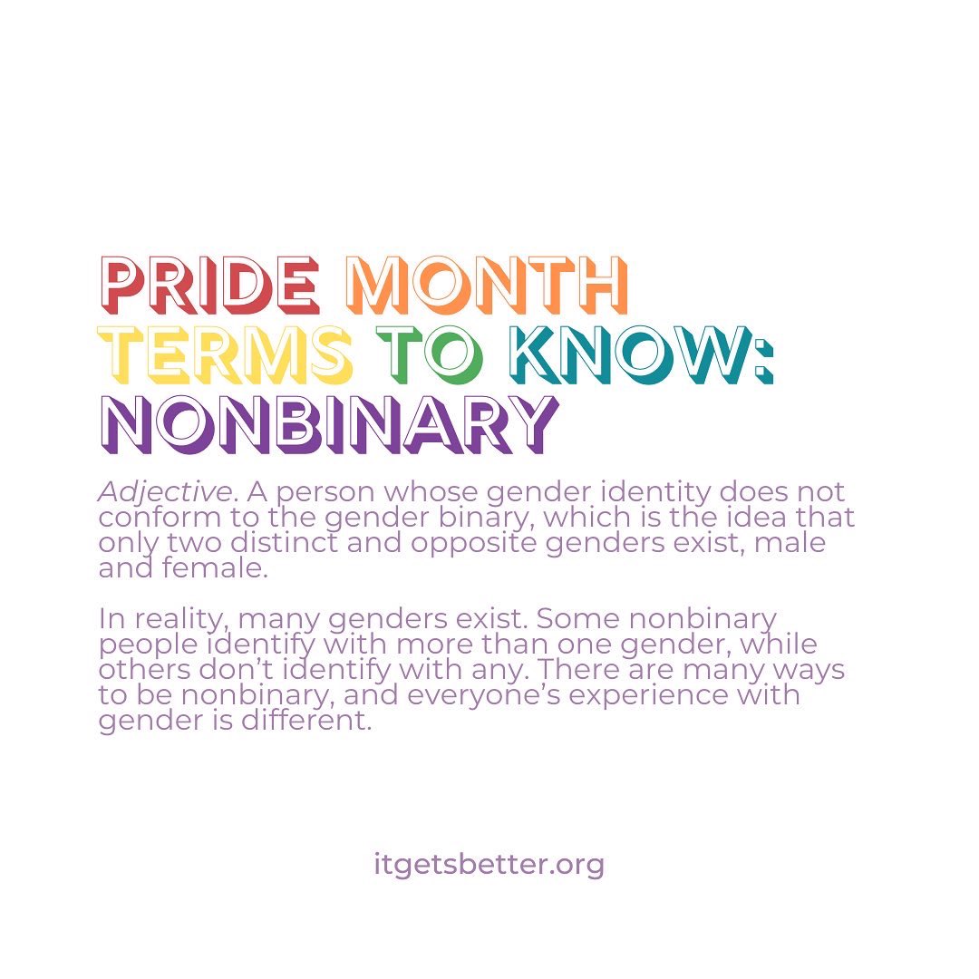 WRCNorman's tweet photo. #PrideMonth Terms To Know🌈
Nonbinary: A person whose gender identity does not conform to the gender binary, which is the idea that only two distinct and opposite genders exist, male and female. In reality, many genders exist!💛🤍💜🖤
Source: @ItGetsBetter https://t.co/iRqWGJwQLg