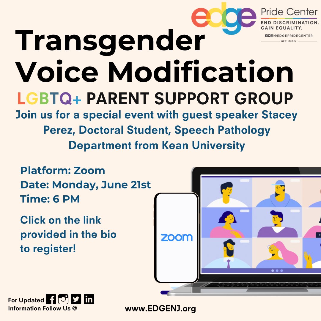 Very excited to have Stacey Perez join our Monday's LGBTQ+ Parent Support Group to discuss Transgender Voice Modification. 
To complete the Pre-Post Survey select the provided link below:
docs.google.com/forms/d/1L8GaP… 
Contact Johann Larkin to register.