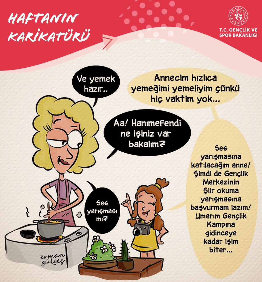 Kültür Sanat Yarışmaları ve Gençlik Kamplarımıza başvurular gencizbiz.gsb.gov.tr adresinde.😊

#HaftanınKarikatürü #GençlikKampları #KültürSanatYarışmaları

Çizer: @ermangulgec