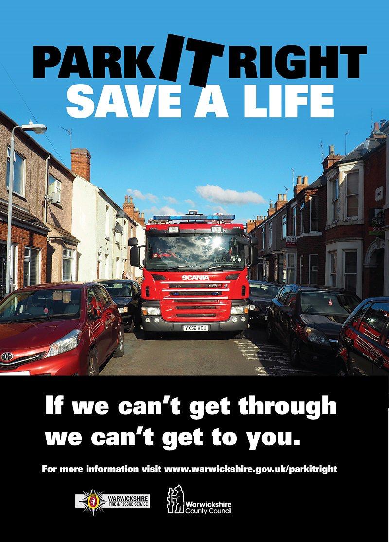 WarksFireRescue's tweet photo. We have had some reports recently from our firefighters that there has been added difficulty in reaching incidents in the Leamington Spa area due to poorly parked cars.

Please think of the emergency services when parking your vehicle. #ParkItRight https://t.co/FJAw4G73ck