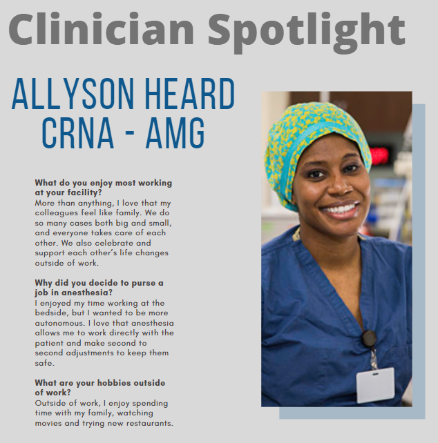 AnesthesiaMedGr's tweet photo. This week's clinician spotlight is Allyson Heard.  Allyson is the lead CRNA at St. Thomas Midtown in Nashville, TN and has been with us for 5 years.  Thank you for your leadership, Allyson!  #PhyMed #CRNA #Anesthesia https://t.co/OnNHGczc65