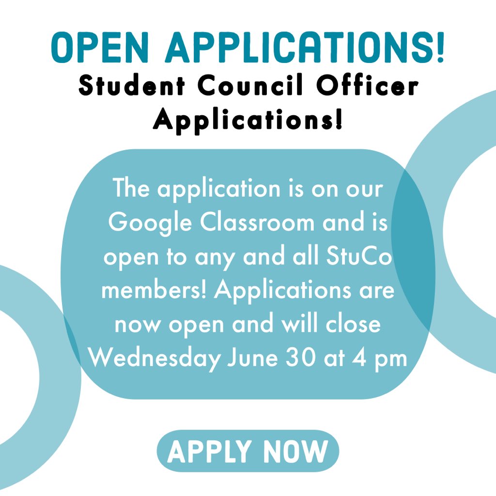 APPLICATIONS ARE OPEN! If you want to be a part of the StuCo Officer team for 2021-22 check out the application on our google classroom!