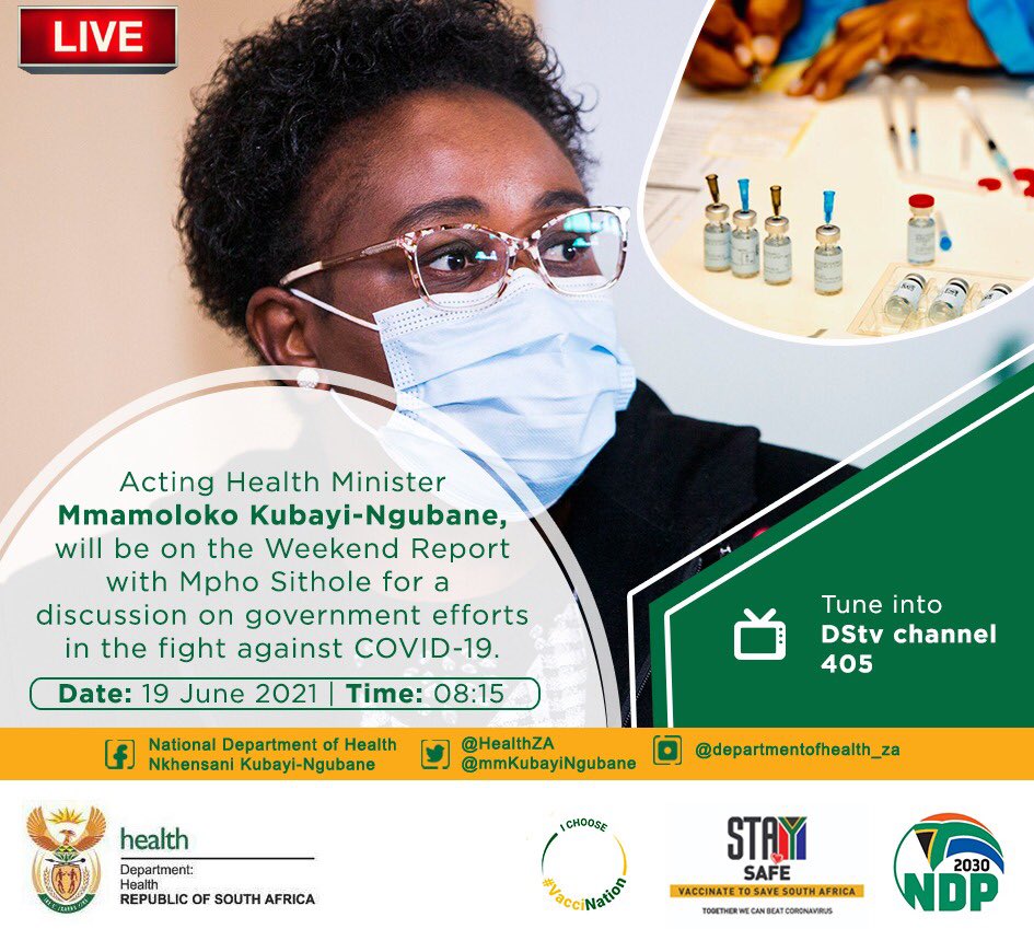 HealthZA's tweet photo. The Acting Minister of Health,  Mmamoloko Kubayi-Ngubane will be interviewed by Mpho Sithole on Weekend Report tomorrow at 08:15. The focus is on government response to #COVID19 #VaccineRolloutSA https://t.co/42hYa0oqbK