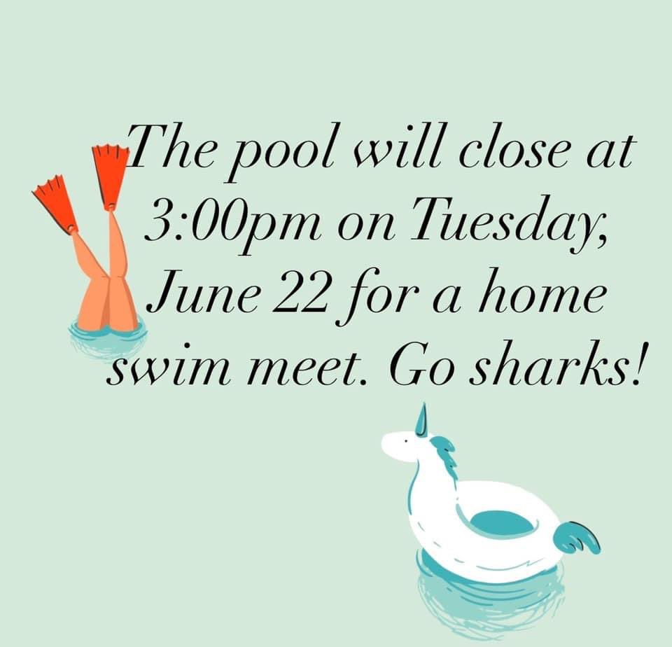 jonestownpoolws's tweet photo. We thank you for your understanding as we close early for a home swim meet next Tuesday. Go Sharks! 🦈 https://t.co/pUokhe7Lli