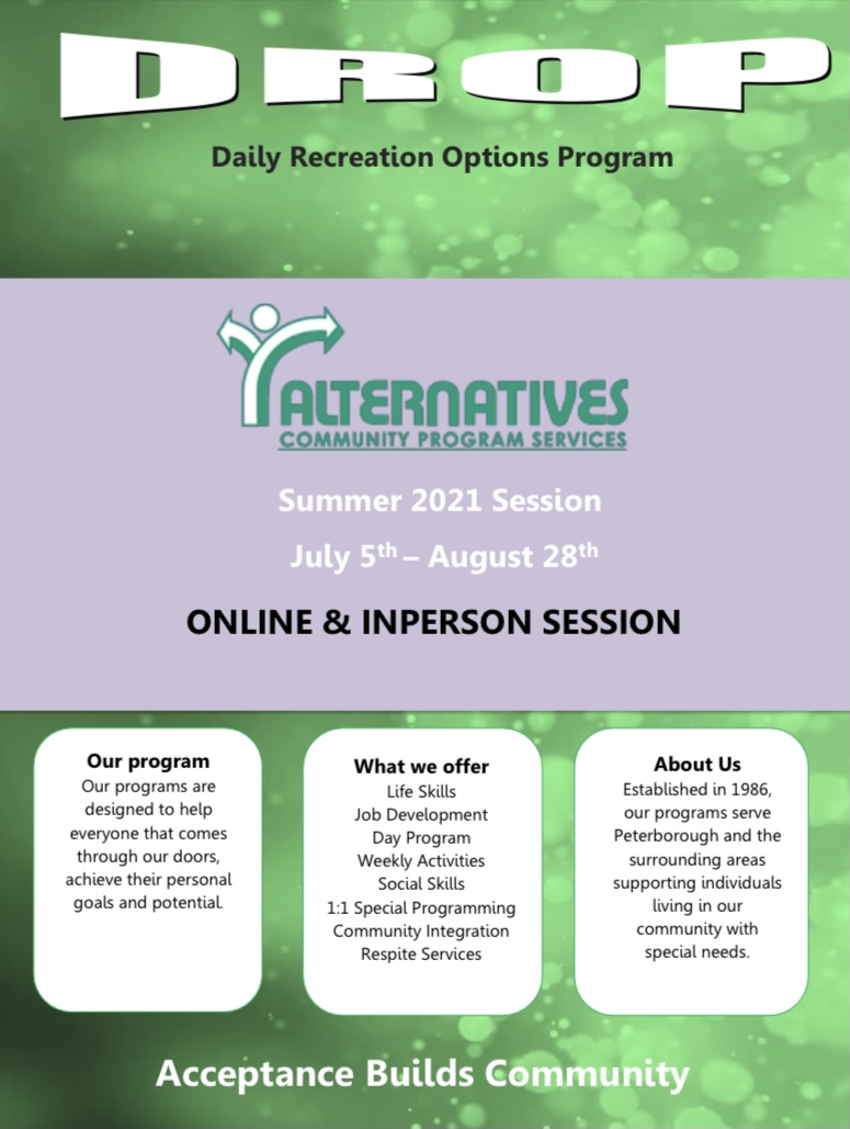 AlternativesCPS's tweet image. Our July/August 2021 summer DROP brochure is here! We are offering a wide variety of groups including in person, online and outdoor based groups. Check it out for some fun activities to keep you busy this summer!🌞
Contact jessicad@alternativesptbo.ca to get signed up