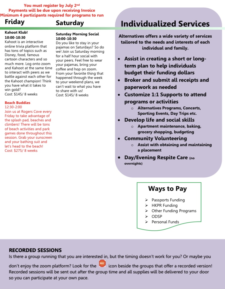 AlternativesCPS's tweet image. Our July/August 2021 summer DROP brochure is here! We are offering a wide variety of groups including in person, online and outdoor based groups. Check it out for some fun activities to keep you busy this summer!🌞
Contact jessicad@alternativesptbo.ca to get signed up